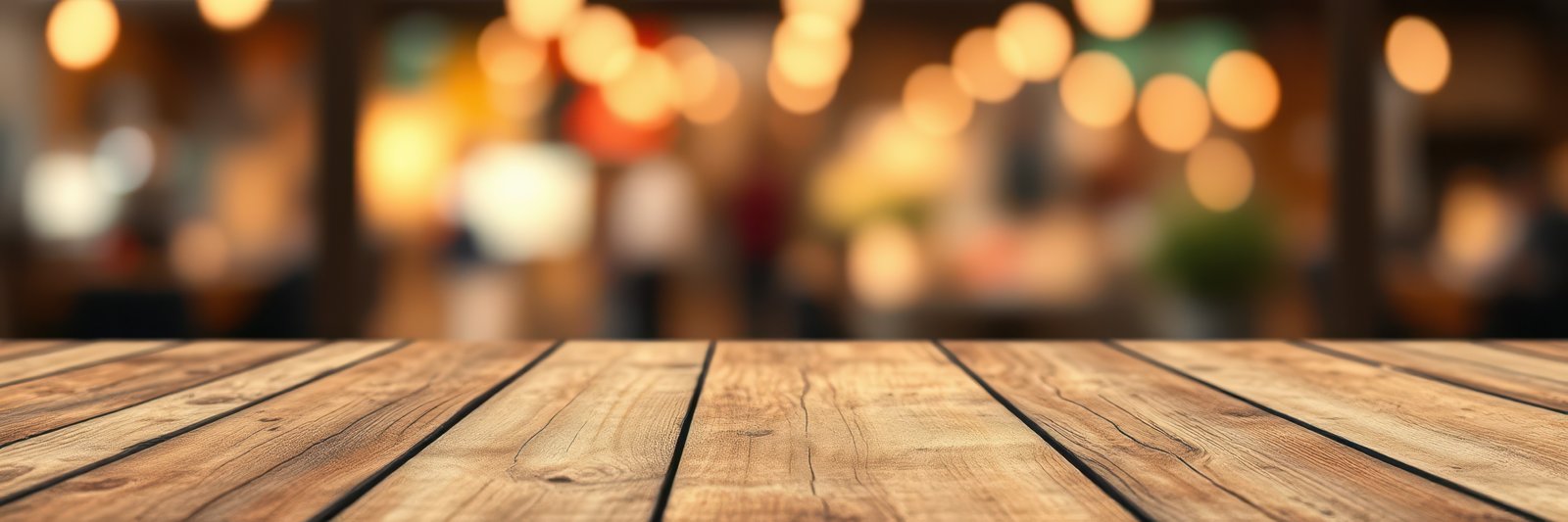 Wooden tabletop with blurred background of a lively cafe filled with warm lights and a cozy ambiance